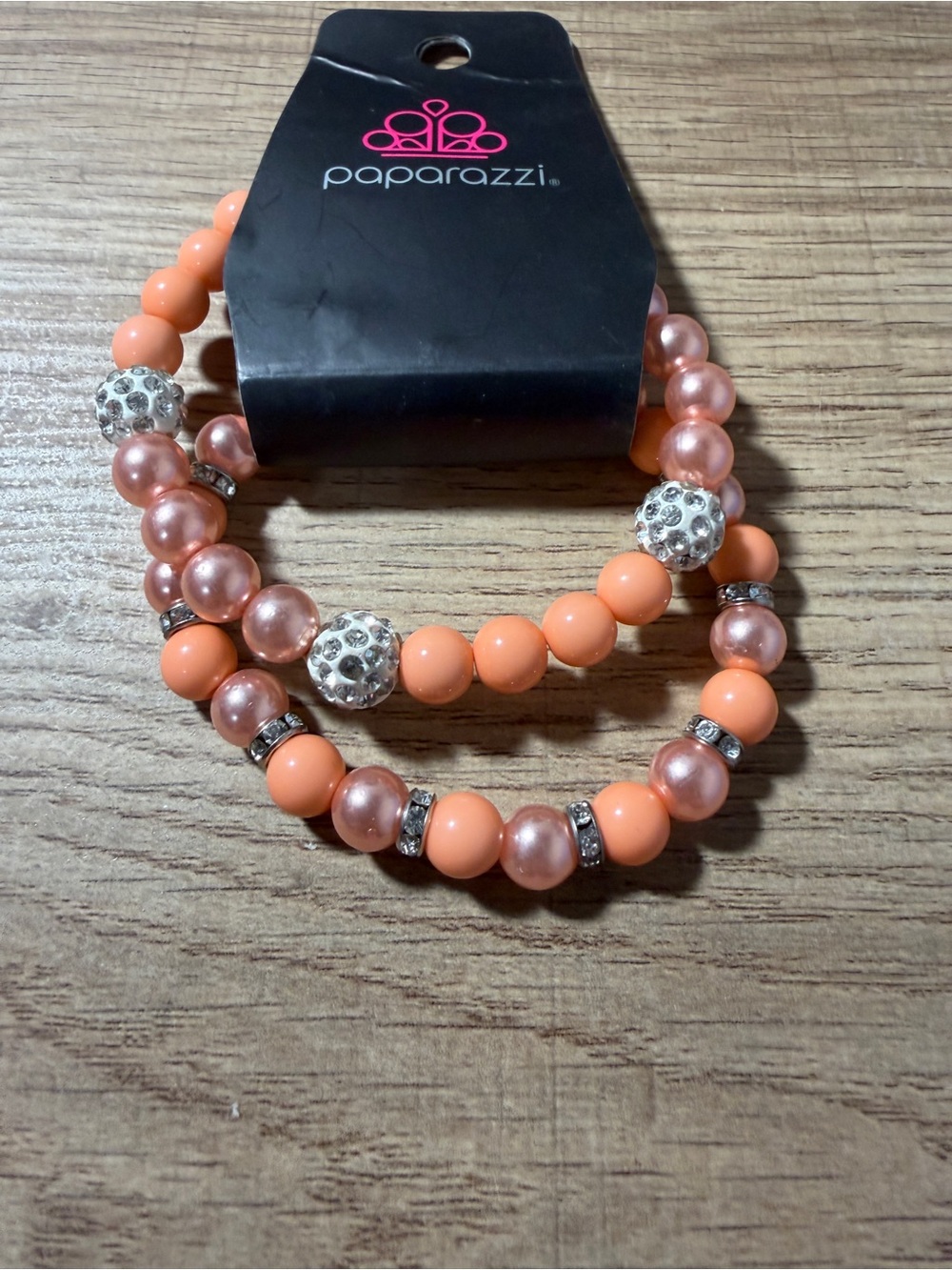 paparazzi Peach and Pink Pearl Rhinestone Stretch Bracelet Set
